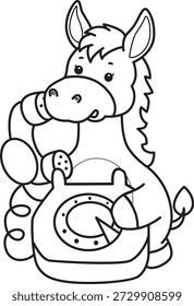 Libro para colorear del icono de la etiqueta engomada del burro lindo. Esquema de Donkey llamando por teléfono