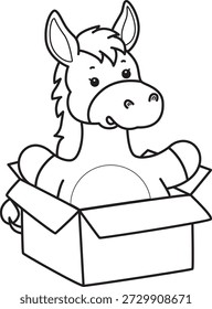 Libro para colorear del icono de la etiqueta engomada del burro lindo. Esquema de burro pegado en la caja