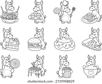 Libro para colorear del icono de la etiqueta engomada del burro lindo. Esquema de burro en la variación de la comida rápida y el postre
