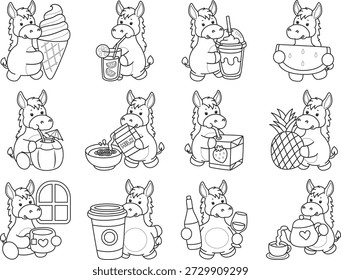 Libro para colorear del icono de la etiqueta engomada del burro lindo. Esquema de burro en la variación de bebida y bebida