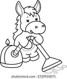 Libro para colorear del icono de la etiqueta engomada del burro lindo. Esquema del burro que limpia el piso con la aspiradora