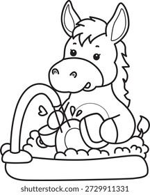 Libro para colorear del icono de la etiqueta engomada del burro lindo. Esquema del burro que limpia la placa en el fregadero