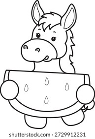 Livro de colorir bonito ícone adesivo Burro. Contorno de Burro trazer uma melancia