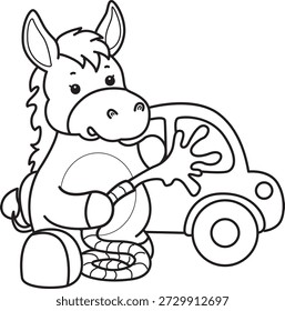 Libro para colorear del icono de la etiqueta engomada del burro lindo. Esquema de burro lavando un coche