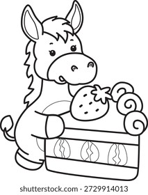 Libro para colorear del icono de la etiqueta engomada del burro lindo. Esquema de burro traer un pastel de fresa 
