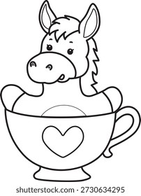Coloring book of Cute Donkey sticker icon. Outline of Donkey stuck in the love tea