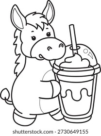 Coloring book of Cute Donkey sticker icon. Outline of Donkey bring a milkshake