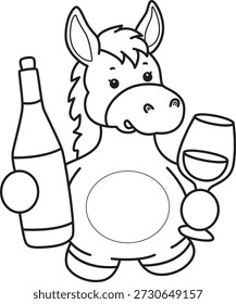 Libro para colorear del icono de la etiqueta engomada del burro lindo. Esquema de Burro traer un vino 