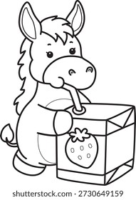 Libro para colorear del icono de la etiqueta engomada del burro lindo. Esquema de burro bebiendo una leche de fresa