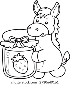 Libro para colorear del icono de la etiqueta engomada del burro lindo. Esquema de burro traer una mermelada de fresa