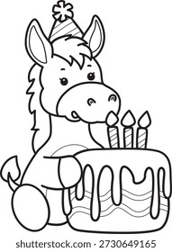 Coloring book of Cute Donkey sticker icon. Outline of Donkey bring a birthday cake
