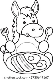Libro para colorear del icono de la etiqueta engomada del burro lindo. Esquema de burro quiere comer tocino y huevo