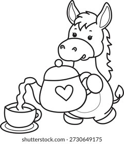 Libro para colorear del icono de la etiqueta engomada del burro lindo. Esquema de burro vertiendo un té de la tetera