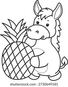 Libro para colorear del icono de la etiqueta engomada del burro lindo. Esquema de burro traer una piña