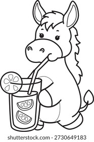 Libro para colorear del icono de la etiqueta engomada del burro lindo. Esquema de burro bebiendo un jugo de naranja