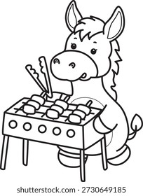 Libro para colorear del icono de la etiqueta engomada del burro lindo. Esquema de burro a la parrilla de la barbacoa