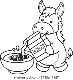 Livro de colorir bonito ícone adesivo Burro. Contorno de Burro derramando um cereal com leite