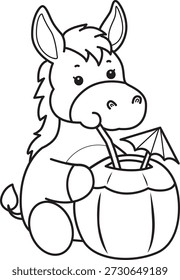 Libro para colorear del icono de la etiqueta engomada del burro lindo. Esquema de burro bebiendo una bebida de coco