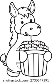 Malbuch des süßen Esel Aufkleber Symbol. Umriss des Esels bringen ein Popcorn
