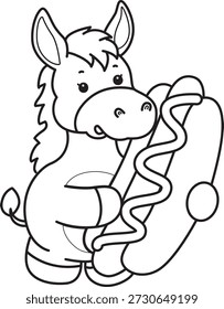 Libro para colorear del icono de la etiqueta engomada del burro lindo. Esquema de burro traer un perro caliente 