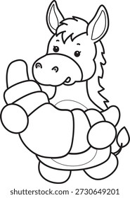 Coloring book of Cute Donkey sticker icon. Outline of Donkey bring a bread