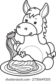 Libro para colorear del icono de la etiqueta engomada del burro lindo. Esquema de burro quiere comer espaguetis 