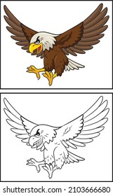 Coloring book cute eagle. Coloring page and colorful clipart character. Vector cartoon illustration.