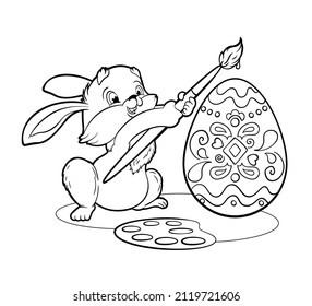 Coloring book Cute Easter bunny painting an Easter egg with a brush.Vector illustration in a flat cartoon style, black and white line art