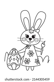 Coloring book. Cute Easter bunny and Easter egg .Vector illustration in a flat cartoon style, black and white line art