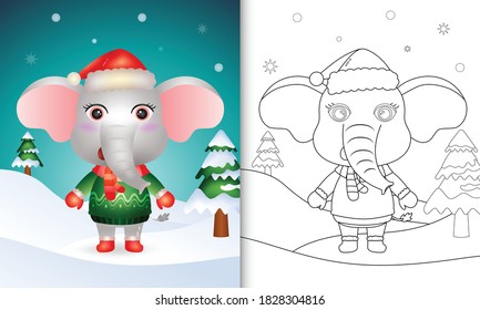 coloring book with a cute elephant christmas characters with a santa hat, jacket and scarf