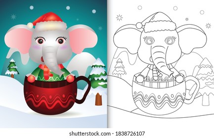 coloring book with a cute elephant christmas characters with a santa hat and scarf in the cup