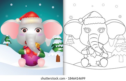 coloring book with a cute elephant hug christmas ball