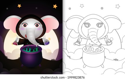 coloring book with a cute elephant using costume witch halloween