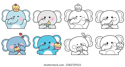 Coloring book.Set of cute elephant in various poses with cupcake.Sweet and dessert.Wild animal character cartoon.Painting book for kid.School.Page.Kawaii.Vector.Illustration.