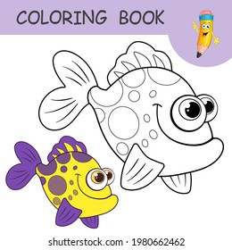 Coloring book with cute exotic Fish. Colorless and color samples ocean fish on coloring page for kids. Coloring design in cute cartoon style. Black contour silhouette with a sample for coloring.