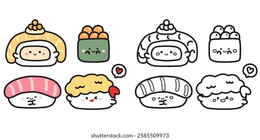 Coloring book.Set of cute face sushi is japanese food.Tempura,salmon,tuna hand drawn.Character cartoon design.Painting book for kid.School.Kawaii.Vector.Illustration