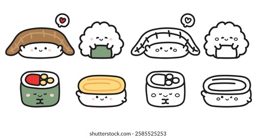 Coloring book.Set of cute face sushi is japanese food.Rice ball,egg,eel hand drawn.Character cartoon design.Painting book for kid.School.Kawaii.Vector.Illustration