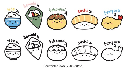 Coloring book.Set of cute face various japanese food with name.Rice,sushi,salmon,tempura hand drawn.Character cartoon design.Painting book for kid.School.Kawaii.Vector.Illustration