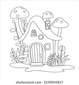 Coloring book. Cute fairy house mushroom. Vector drawing for children. House in the forest. Doodle