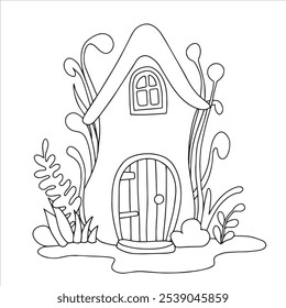 Livro de colorir. Cogumelo de casa de fadas bonito. Desenho vetorial para crianças. Casa na floresta. Rabiscar