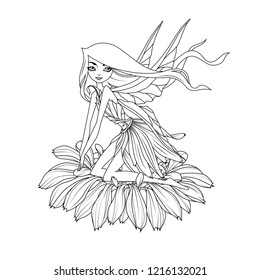 Coloring book: Cute fairy and long hair   wings sitting flower