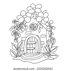 Coloring book. Cute flower house. Drawing with a fairy house in a flower garden. Drawing in doodle style.