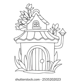 Coloring book. Cute flower house. Drawing with a fairy house in a flower garden. Drawing in doodle style.