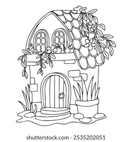 Coloring book. Cute flower house. Drawing with a fairy house in a flower garden. Drawing in doodle style.