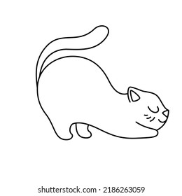 Farbbuch. Geringe, fließende Katze schlafend. Lineare Illustration einer süßen Cartoon-Katze. Schwarz-Weiß-Vektorgrafik einzeln