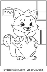 Coloring book cute fox bring a love heart shapes 