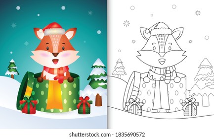 coloring book with a cute fox christmas characters using santa hat and scarf in the gift box