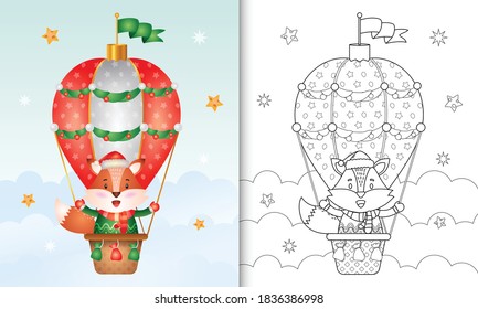 coloring book with a cute fox christmas characters on hot air balloon with a santa hat, jacket and scarf