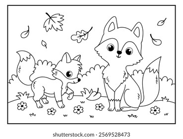 Coloring book with a cute fox on a white background. Page for coloring book with fox family in cartoon style .