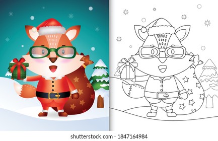 coloring book with a cute fox using santa clause costume